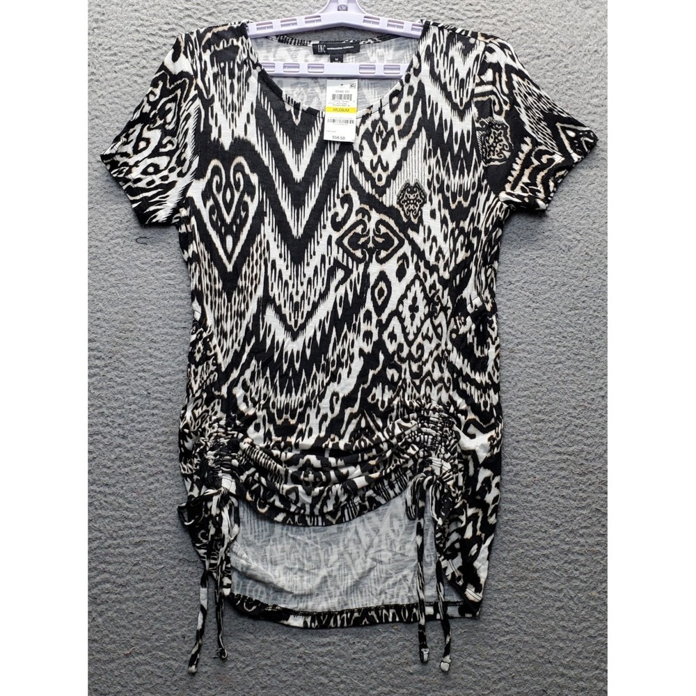 INC International Concepts Tunic Top Womens Medium Multi Ikat Print Ruched Side